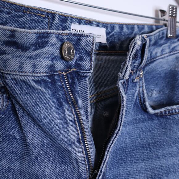 ZARA High Rise Distressed Straight Leg Jean Blue Medium Wash Denim Women's 2 - Picture 5 of 11